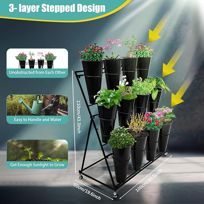 3 Layers Flower Display Stand with 12PCS Buckets Moving Fresh Flower Rack Metal Florist Bouquet Shelf with Wheels Flower Display Stand for Indoor Living Room Florist,39.3*19.6*43.3inch,Black