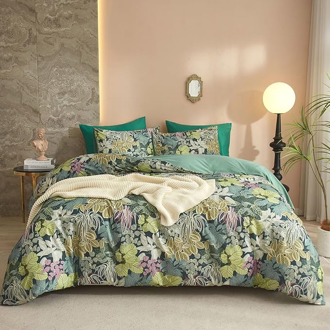 EAVD Tropical Leaves Duvet Cover Twin XL Soft Cotton Chic Shabby Leaf Pattern Bedding Set with 2 Pillowcases Fresh Botanical Duvet Cover with Zipper Closure