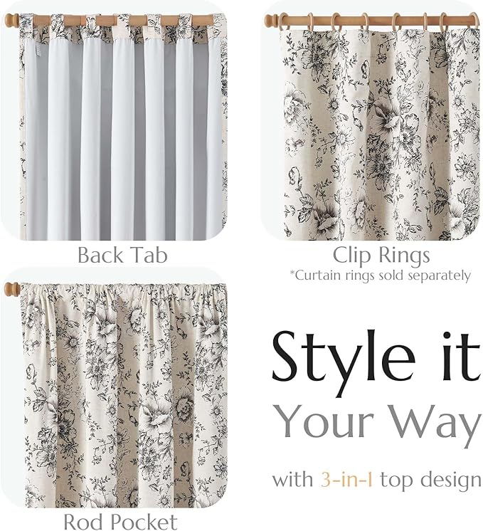 jinchan Blackout Linen Blend Curtain Floral Blackout Curtains for Living Room 72 Inch Length Black Printed with Lined Blackout Curtain for Bedroom Farmhouse Curtains Set 2 Panels