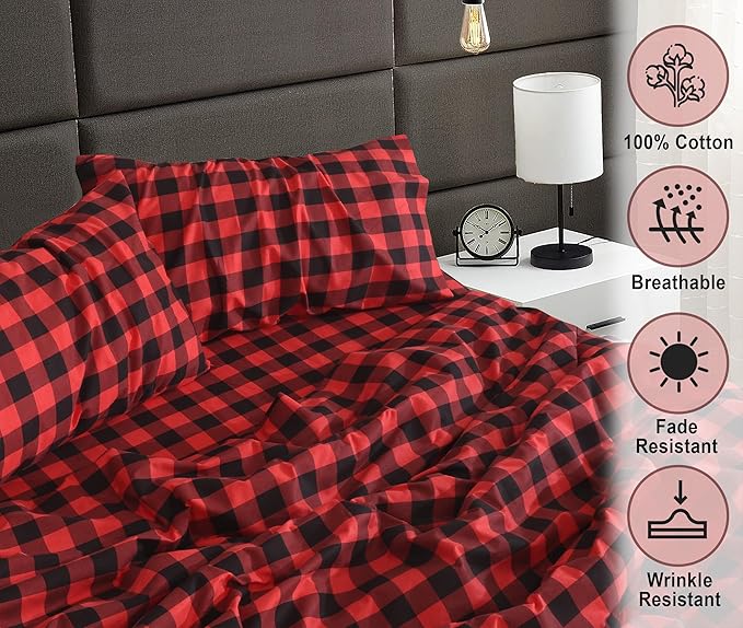 RUVANTI Flannel Sheets King Size - 100% Cotton Brushed King Size Sheets Set - Deep Pockets 16 Inches Bed Sheets - All Seasons Breathable & Extra Soft - Warm & Cozy, 4 Piece, Red & Black Plaid