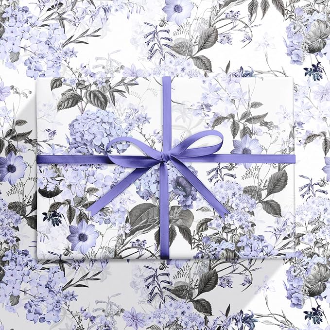 RUSPEPA Floral Wrapping Paper Roll for Women Girls, Mini Roll, Elegant Hydrangea Flower Design Gift Wrap Paper Perfect for Wedding, Birthday, Mother's Day, Spring, Bridal Shower, 17 Inch x 16.4 Feet