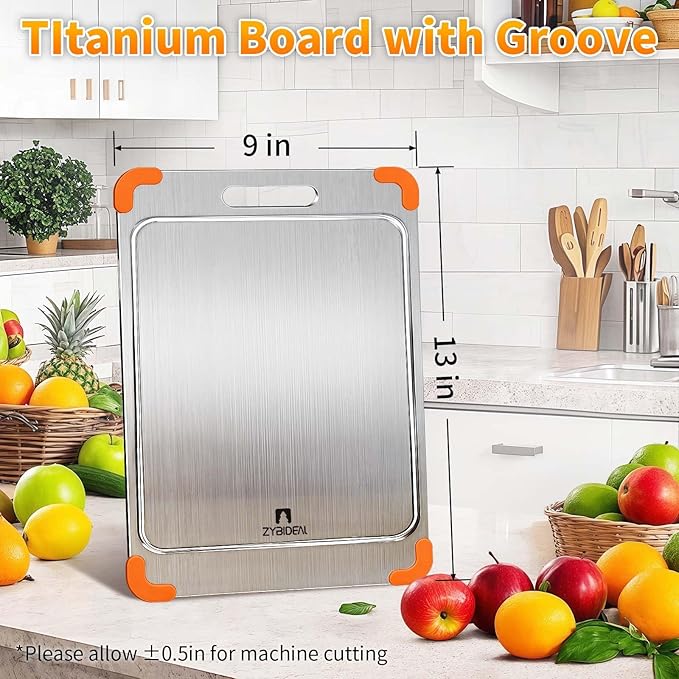 100% Pure Titanium Cutting Board with Grooves, Update Double Side Titanium Chopping Board, Silicone Anti-slip Stainless Cutting Boards for Kitchen 9 * 13 IN, Orange