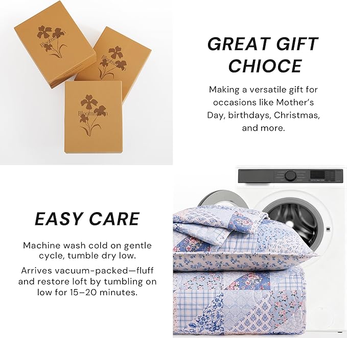 Quilt Set Twin Size, Patchwork Blue Pink Marigold Floral Quilt Sets, Reversible Bedspread Lightweight and Breathable for All Seasons, Soft Quilted Bedspread with 1 Pillow Sham