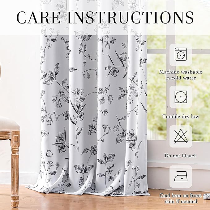 ChrisDowa 100% Blackout Floral Curtains 63 Inches Long 2 Panels for Bedroom Living Room Black Flower Patterned Room Darkening Thermal Insulated Soundproof Grommet Window Treatments Drapes,52X63