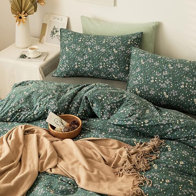 LifeTB Green Floral Duvet Cover Jersey Knit Cotton Duvet Cover King Size Vintage Flower Botanical Bedding Set Soft T Shirt Cotton Comforter Cover Chic Garden Style Bedding Cover with 2 Pillowcases