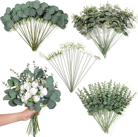 110 Pcs 7 Kinds Mixed Artificial Eucalyptus Stems and Faux Flowers,Fake Silver Dollar Eucalyptus Leaves Stems Bulk Real Touch Leaf Branches for DIY Bouquets Floral Arrangement Wedding Home Decor