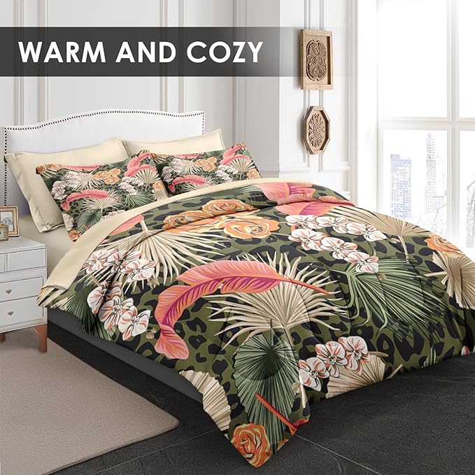 Comforter Set Full Size, Summer Tropical Flowers 7 Pcs Bedding for Kids and Adults, Hawaiian Palm Leaf Leaves Bed Sheet Sets with Fitted Sheet 2 Pillowcase & 2 Sham for Bedroom Bed Decor