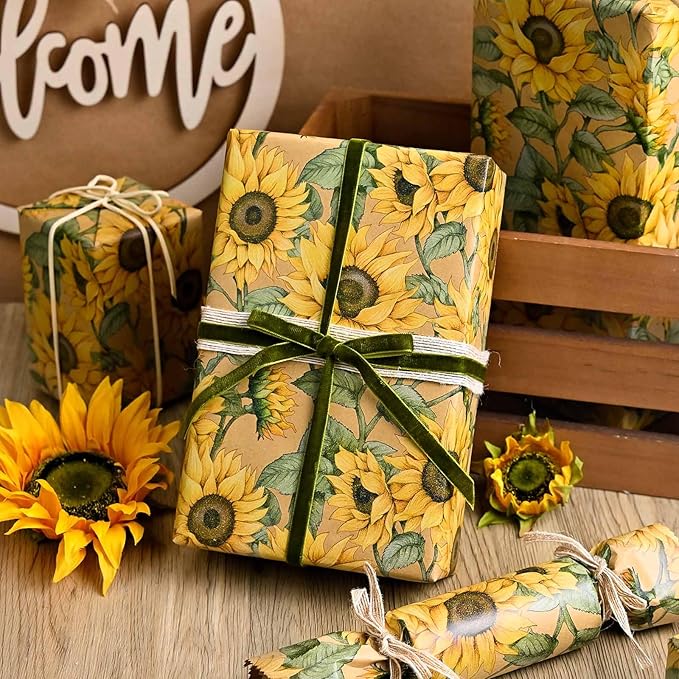 MAYPLUSS Kraft Sunflowers Gift Wrapping Paper - Vintage Elegant Sunflowers Floral Gift Wrap Paper for Women Birthday, Christmas, Baby Shower, Mothers Day, Thanksgiving, Holiday - 17 Inches X 16.5 Feet