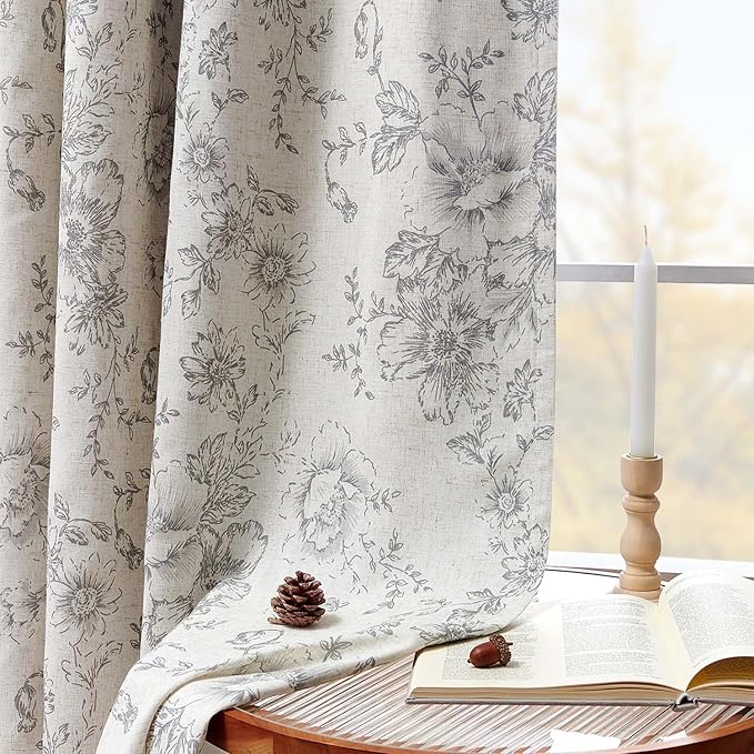 jinchan Blackout Linen Blend Curtain Grey Floral Blackout Curtains for Living Room 84 Inch Length Gray Printed with Lined Blackout Curtain for Bedroom Farmhouse Curtains Set 2 Panels