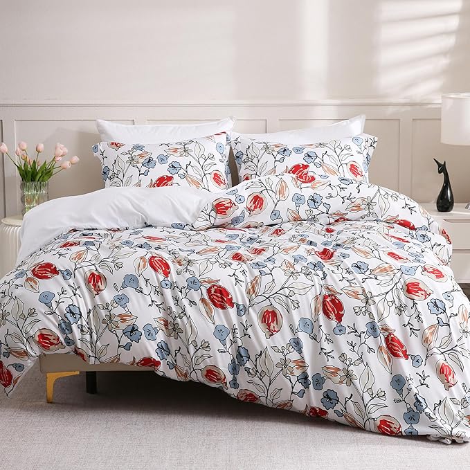 LONAVA King Flower 3 Pcs Duvet Cover Set, Breathable Soft Microfiber White Lining Comforter Cover with Zipper Closure, and 2 Anti-Pilling, Fade Resistant Pillowcases, Red Bud