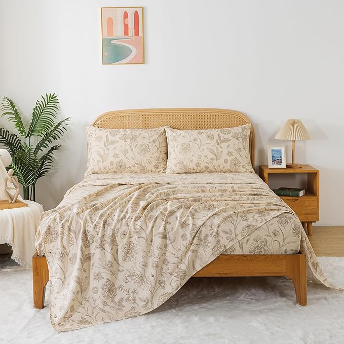 Zusbest Queen Sheet Set 100% Percale Cotton Beige Floral Bed Sheet Set, Brushed for Extra Softness, Breathable Luxury Toile Flannel Sheets Like Khaki Flower Print Deep Pocket Sheets 17.5'' 4 Pcs