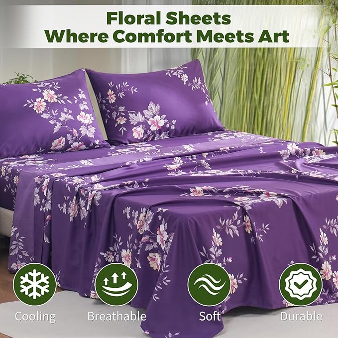 Bedlifes Full Floral 4-Piece Sheet Set - Cooling Sheets Blend Rayon Derived from Bamboo,Soft & Breathable, Deep Pocket 16", Wrinkle Resistant - Vibrant Boho Floral Dark Purple
