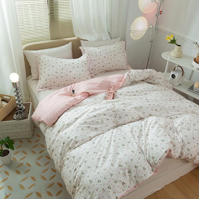 LifeTB Girls Pink Flower Duvet Cover Twin 100% Cotton Blossom Floral Comforter Cover Pink White Flower Pattern Duvet Cover with Zipper Closure Aesthetic Botanical Cottagecore Bedding Set Twin