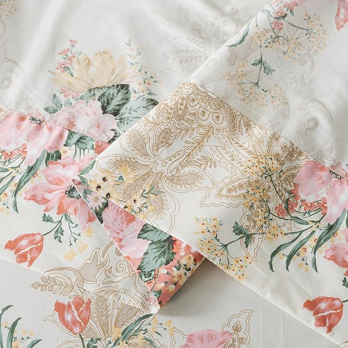 Zusbest- Queen Sheets, Soft 100% Cotton Pink & Cream Floral Bed Sheets,Shabby Vintage Chic Peony Flower Printed Sheets, Breathable Luxury Bedding 4 Piece Deep Pocket Sheets