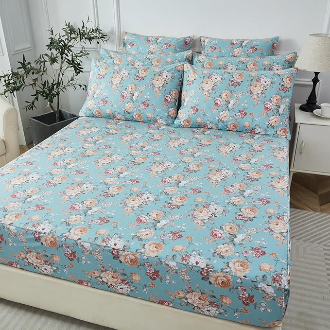 FADFAY Blue Vintage Floral Full Size Sheets Set Premium 100% Cotton Shabby Rose Pattern Cottagecore Bedding Set Deep Pocket Sheets with 2 Pillowcases Luxury Breathable Soft 4Pcs, Full Size