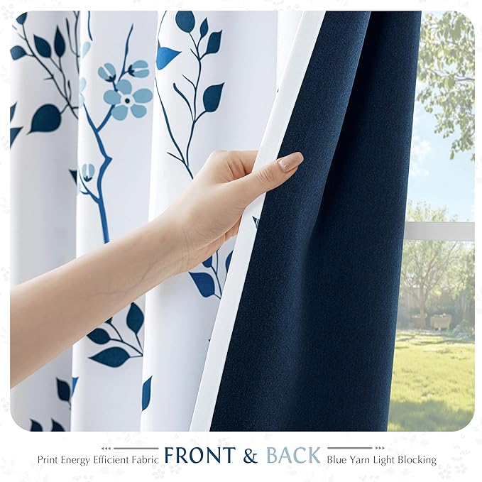 Beauoop Floral 100% Blackout Curtains 90 Inches Long 2 Panels for Bedroom Living Room Navy Blue and White Flower Patterned Room Darkening Thermal Soundproof Grommet Window Treatments Drapes, 52X90