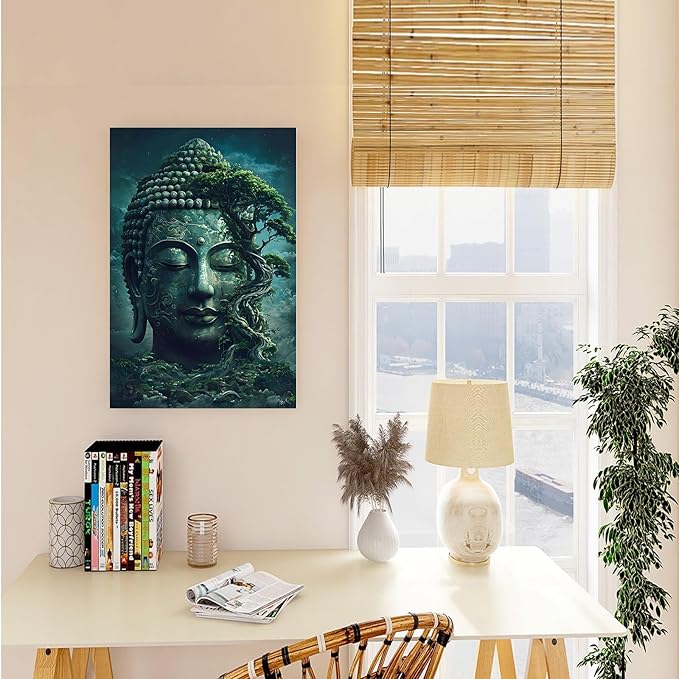 Buddha statue wall art canvas wall decor aesthetic picture mystical nature art for tranquil home and spiritual space 28x40in Wood Framed