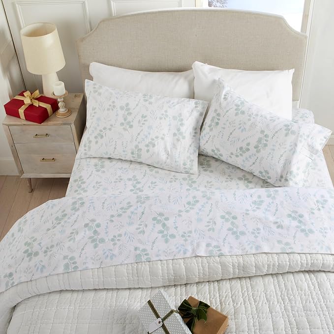 Market & Place 100% Cotton Full Flannel Sheet Set | 4 Piece Deep Pocket Cozy Winter Floral Bed Sheets | Double Brushed for Extra Softness & Comfort | Alpine Collection (Full, Eucalyptus Leaves)