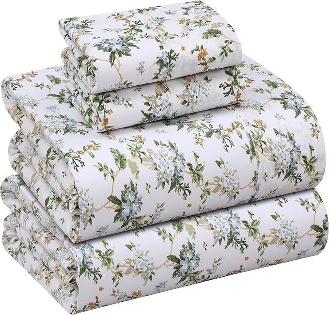 RUVANTI 100% Cotton Sheets Queen Size Set, 4 Pieces, Soft & Breathable Percale Weave Bedding, Deep Pocket 16", Hotel Standard, Crisp Cool Feeling, Durable, Perfect Floral Bed Sheet, Heritage