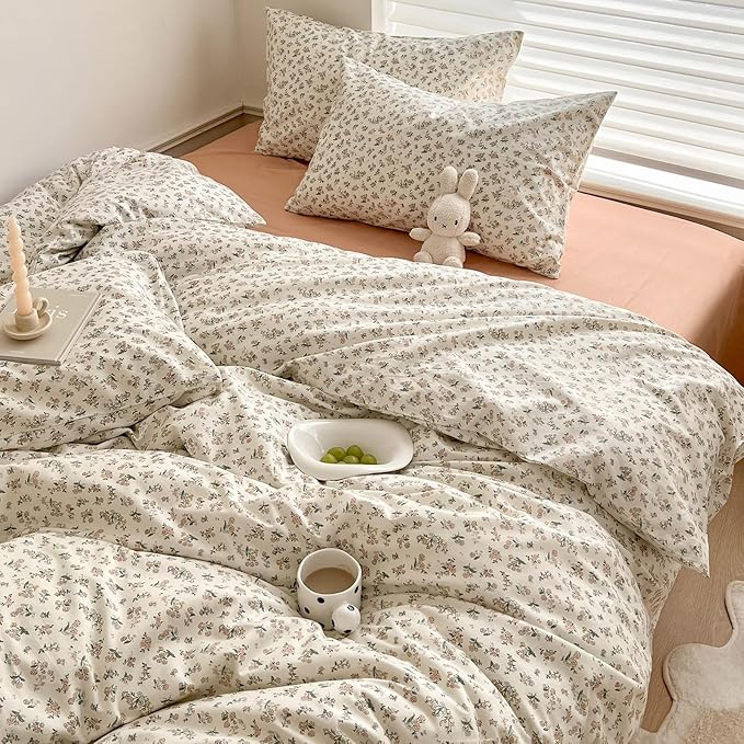 LifeTB Aesthetic Floral Duvet Cover King Cozy Boho Pink Flower Cotton Bedding Set Farmhouse Vintage Botanical Flower Duvet Cover Cute Floral Comforter Cover Girls Cottagecore Duvet Cover Set King