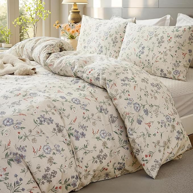 EAVD Chic Shabby Botanical Floral Duvet Cover Twin Soft Cotton Garden Floral Bedding Set with 2 Pillowcases Fresh Reversible Botanical Duvet Cover with Zipper Closure