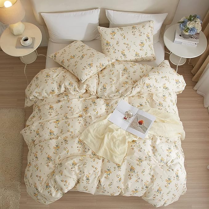 LIFETB Yellow Botanical Duvet Cover King Soft Cotton Floral Bedding Sets Chic Aesthetic Comforter Cover Vintage Garden Style Flower Print Duvet Cover Luxury Bedding Sets