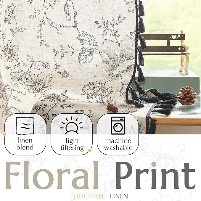 JINCHAN Linen Curtains Floral Curtains Living Room 96 Inch Long Printed Curtains Tassels Rod Pocket Back Tab Farmhouse Rustic Peony Flower Patterned Drapes Bedroom Window Curtain Set 2 Panels Black