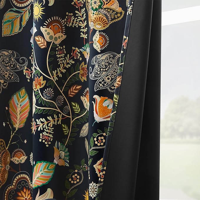 Elegant Luxury Black Out Curtains 96 Inch Long 2 Panel Set for Living Room 100% Blackout Navy Blue Floral Vintage Mid Century Print Patterned 8FT Length Foor to Ceiling Curtains Grommet Drapes 52x96