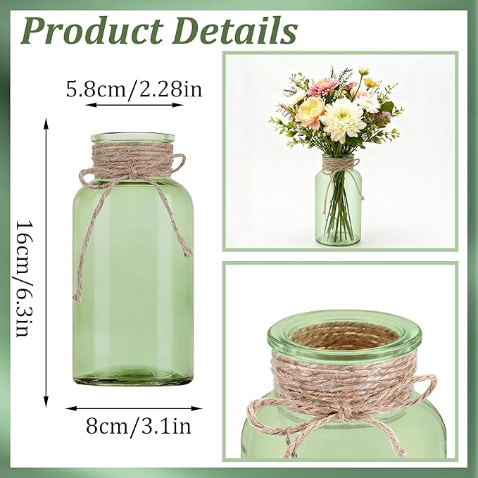 Vintage Glass Flower Vase，12 Pack Green Farmhouse Glass Centerpiece Vases Mason Jars for Weddings, Parties & Home Decor Bulk (12, Green)