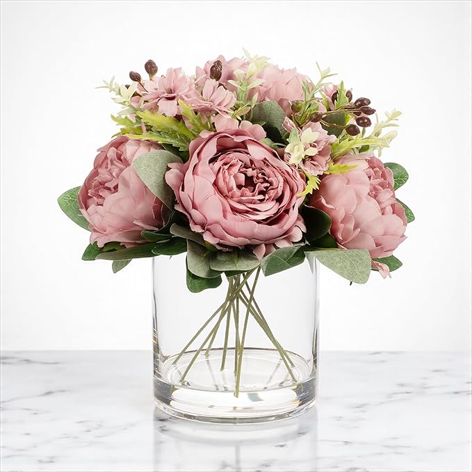 ENOVA FLORAL Artificial Flower Arrangement with Vase,Mixed Artificial Fake Silk Peony Flower in Vase for Decoration Home Office, Wedding Centerpiece (Purple01)