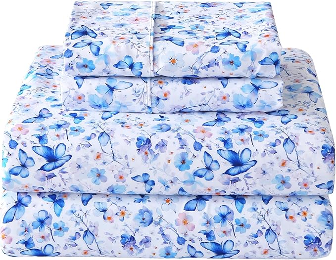 Softan Twin Floral Sheets, Microfiber Blue Flower Printed Fitted Sheets with Non-Slip Corner Straps and 15" Deep Pocket, Butterfly Patterned Cozy Bed Sheets, Single Sheets & Pillowcase Sets
