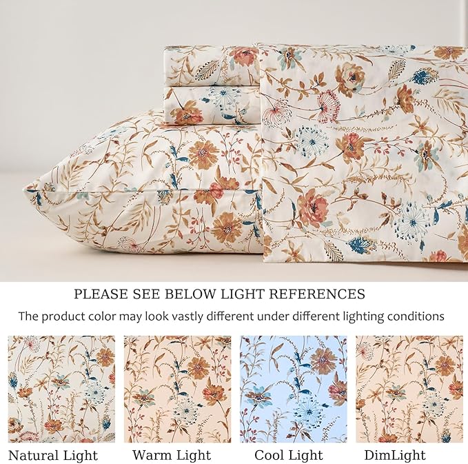 Zusbest Full Sheets Set 100% Percale Cotton - Boho Floral Botanical Printed Bedding with Deep Pocket 17.5'', Vintage Burnt Orange & Teal Design, 4-Piece Soft Breathable Sheets