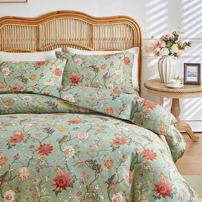 LifeTB Vintage Garden Floral Comforter Set Twin XL Chic Vibrant Green Floral Bedding Comforter Fluffy Soft Bohemian Flower Botanical Comforter with 2 Pillowcases Boho Farmhouse Bed Comforter Set