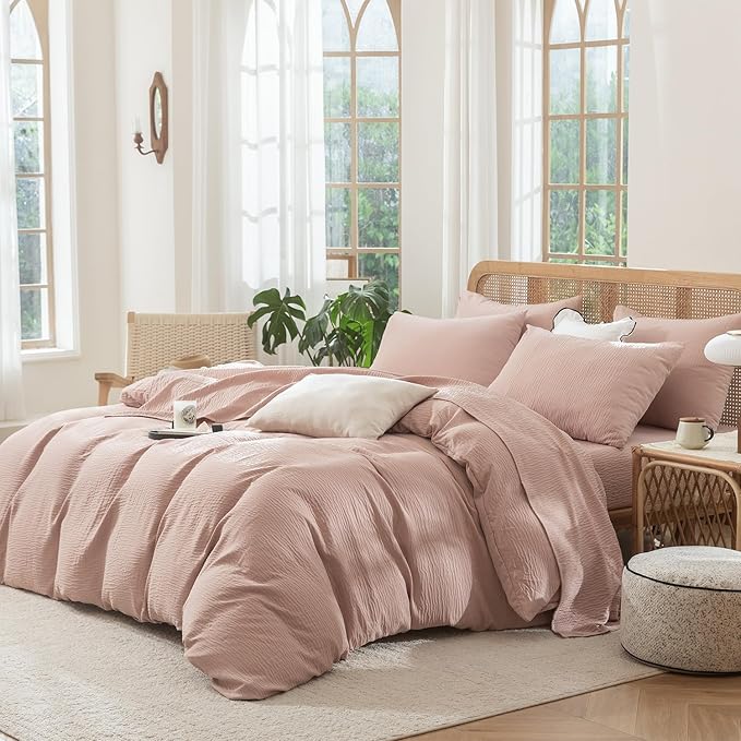 King Duvet Cover Dusty Rose, Luxury Soft Double-Layer Crinkle Gauze Rose Pink Duvet Cover, 3 Pieces Bedding for All-Season, Breathable with Zipper Closure & Corner Ties