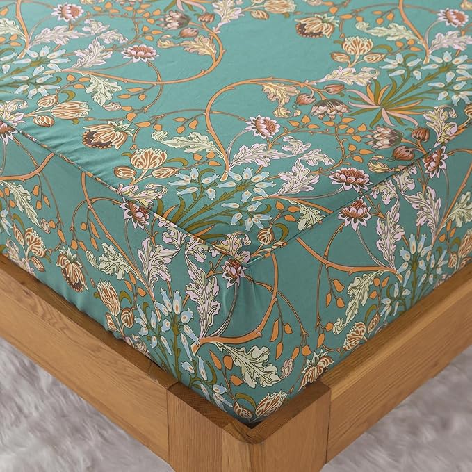 Zusbest Teal Floral Sheets Boho Queen Bed Sheets Set 100% Cotton Percale Shabby Vintage Blue Orange American Style Bedding Luxury Soft Breathable Crisp Bed Deep Pocket Fitted Sheet 4 Piece