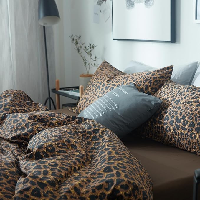 Leopard Print Comforter Set Full Size Animal Cheetah Printed Comforter Set 3 Pieces Fluffy Soft Microfiber Brown/Black Floral Bedding Set Farmhouse Boho Bed Comforter with 2 Pillowcases for All Season
