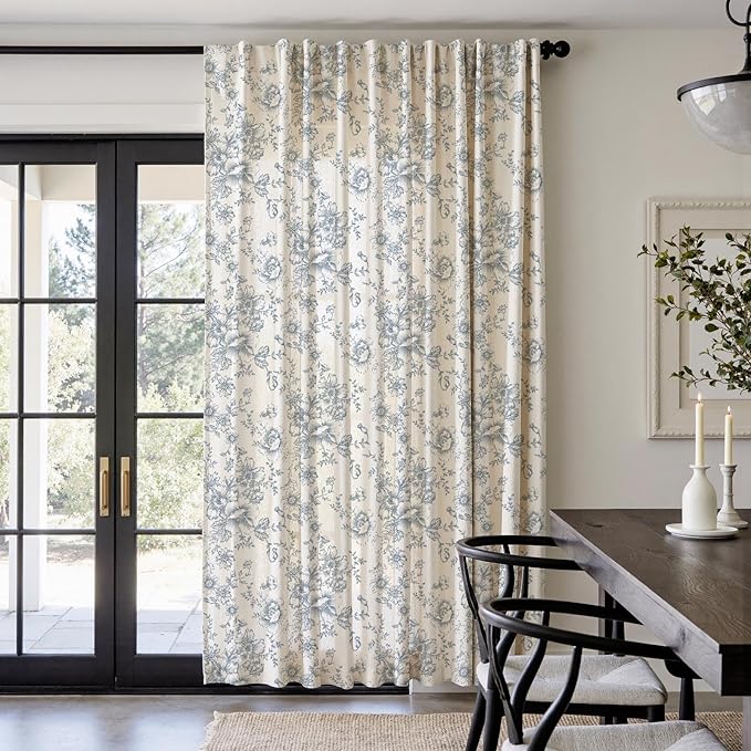 jinchan Linen Floral Curtains 100 Inch Extra Wide for Patio Sliding Glass Door Room Divider Curtain for Living Room 84 Inch Length Farmhouse Peony Blue Printed Curtain Set 1 Panel