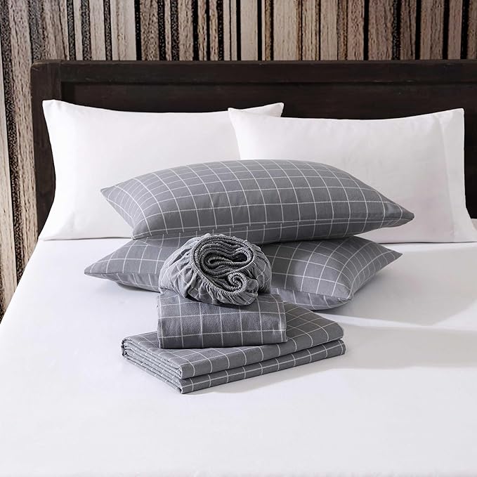 Eddie Bauer - Queen Bed Sheets, Cotton Flannel Bedding Set with Matching Pillowcases, Brushed for Extra Softness, Deep Pocket, Oeko-Tex Certified (Great Plains Plaid Grey)