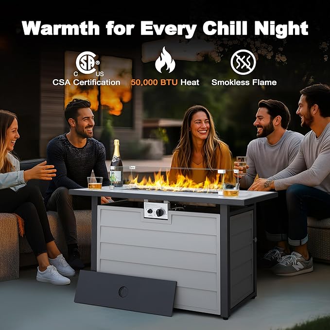 Nuu Garden 43'' Patio Propane Fire Pit Table, 50,000 BTU Gas Fire Pit with Marble-Textured Glass Top, Wind Guard, Lid, Glass Beads, CSA-Certified, 2-in-1 Outdoor Table for Gatherings, Ivory White