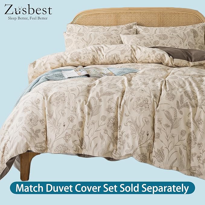 Zusbest California King Size Sheet Sets 100% Percale Cotton Beige Floral Bed Sheet, Brushed Extra Softness, Breathable Toile Flannel Sheets Like Khaki Flower Print Deep Pocket Sheets 17.5'' 4 Pcs
