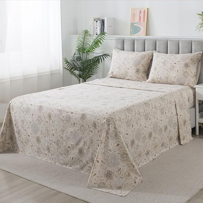 FADFAY Light Khaki Vintage Hydrangea Floral King Size Sheets Set 100% Brushed Cotton Shabby Peony Pattern Bedding Set Deep Pocket Sheets with 2 Pillowcases Luxury Daisy Breathable Soft 4pcs, King Size
