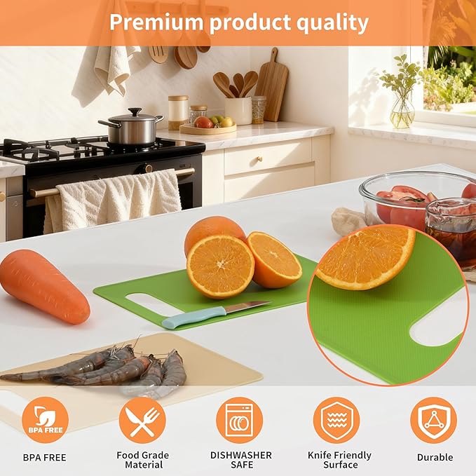 Cutting Board Set of 4, 11.4" x 7.5" x 0.1", Red Green Yellow White, Plastic Kitchen Cutting Boards with Juice Groove & Handle Hole, Lightweight & Dishwasher Safe