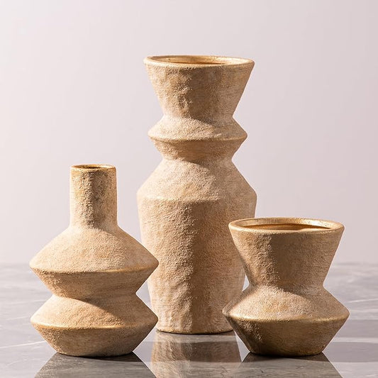 Ceramic Vase Home Table Decor - Gold Flower Vase Set of 3 Living Room Kitchen Decorations Farmhouse Modern Rustic Vases Decorative Centerpiece for Shelf Bedroom Office Bathroom Dining Coffee Desk