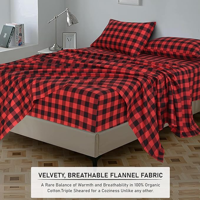 RUVANTI Flannel Sheets California King Size - 100% Cotton Brushed Cal King Bed Sheets Set - Deep Pockets 14 Inches - All Seasons Breathable & Extra Soft - Warm & Cozy, 4 Piece, Red & Black Plaid