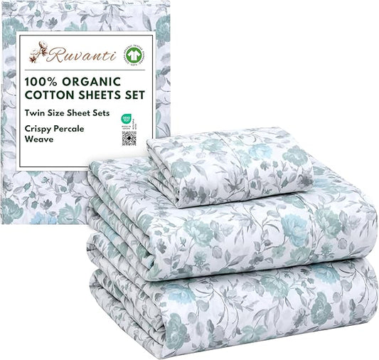 RUVANTI 100% Organic Cotton Sheets Twin Size, Percale Weave, GOTS Certified, 3-Piece Set, Deep Pocket 15", Crisp & Breathable, Soft Durable Bedding, Sábanas Algodón Orgánico – Cold Chrysanthemum