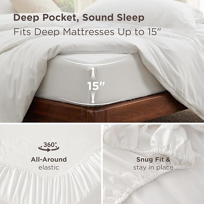 Bedsure Duvet Cover with Fitted Sheet Full - Deep Pocket, Hotel Luxury Soft Double Brushed Bedding Set with Zipper Closure, Includes 1 Duvet Cover, 1 Fitted Sheet, 2 Pillow Shams, NO Comforter, White