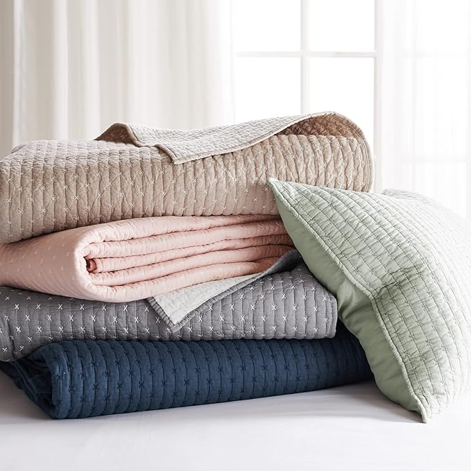 Levtex Home Cross Stitch Reversible Full/Queen Quilt Set (88x92in) and 2 Pillow Shams (26x20in) - Stitch Texture - Desert Sage - Cotton Full/Queen Size Quilt Bedding Set - Lightweight Soft Pre-Washed
