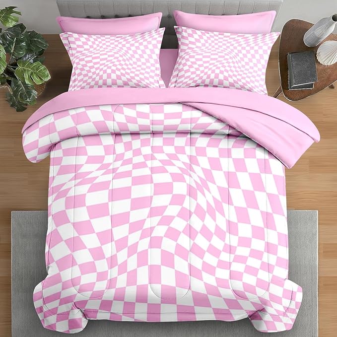 Comforter Set King Size, Pink White Geometric Checkerboard 7 Pcs Bedding for Kids and Adults, Chess Checkered Bedding Sets with Fitted Sheet 2 Pillowcase & 2 Sham for Bedroom Bed Decor