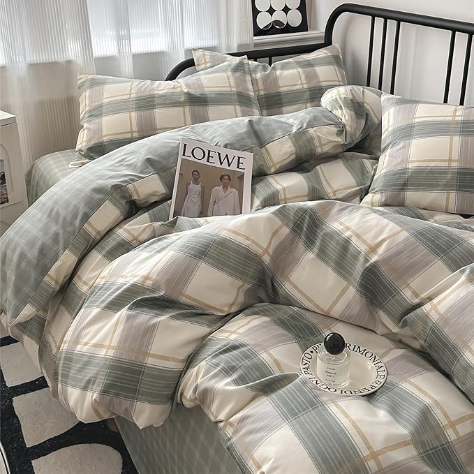 Plaid King Comforter Set Geometric Plaid Grid Comforter Set Fluffy Microfiber Bedding Comforter Farmhouse Checkered Comforter Set for All Season 3 Piece Plaid Bedding Comforter Set King Size Bed Set