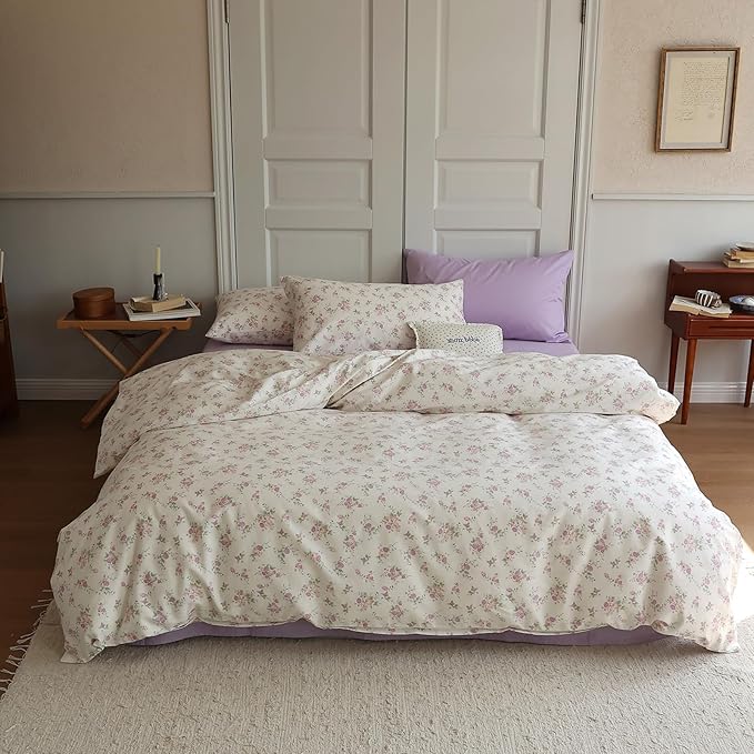 EAVD Botanical Floral Duvet Cover Twin Soft Cotton Chic Shabby Garden Pink Purple Floral Bedding Set with 2 Pillowcases Reversible Vintage Floral Comforter Cover with Zipper Closure